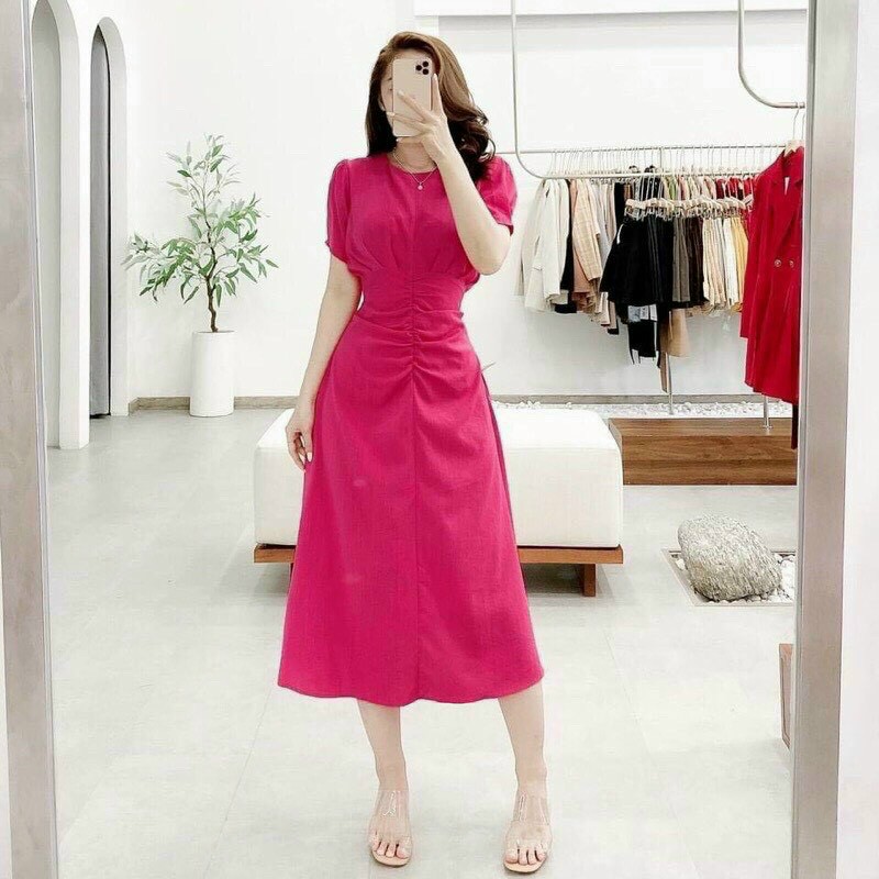 Đầm nữ đi tiệc cổ tròn, maxi dáng dài chiết eo, đầm tiểu thư vintage tay búp nhún eo sang trọng quý phái