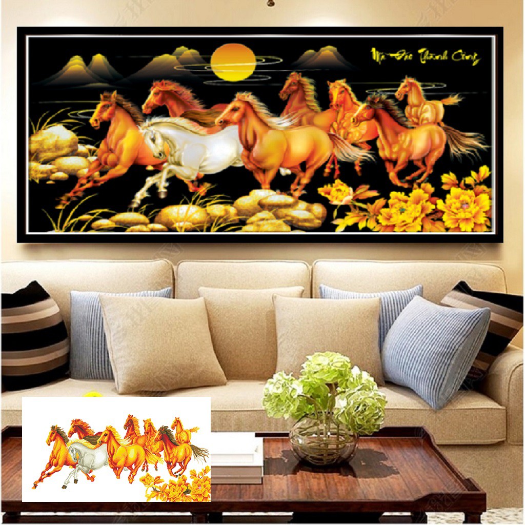 Tranh thêu chữ thập Mã Đáo Thành Công Ngựa Nền Đen Kích Thước 130x65cm
