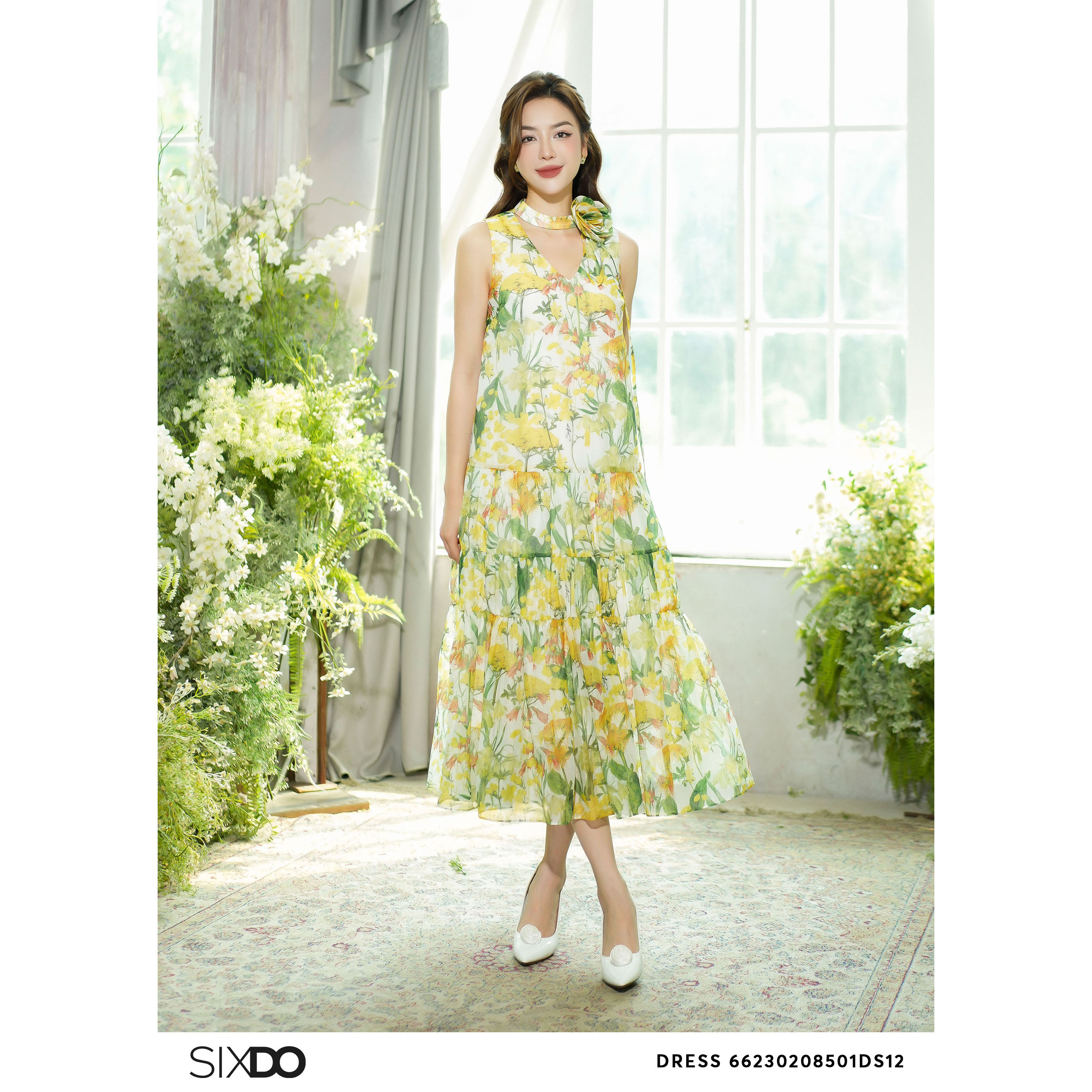 Đầm tơ organza sát nách dáng xòe SIXDO (White Floral Sleeveless Midi Dress)