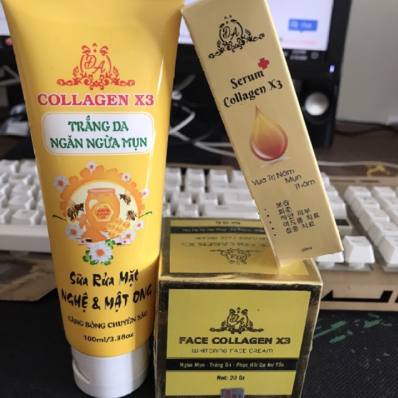 Bộ 3 dưỡng da và phục hồi da collagen x3 gồm: 1 hủ kem face, 1 sữa rửa mặt, 1 serum giá rẻ