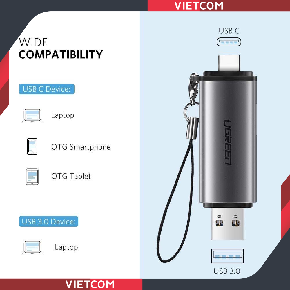 Đầu đọc thẻ nhớ SD/TF cổng USB Type C & USB 3.0 Ugreen 50706