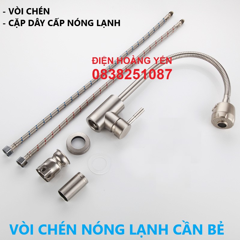 Vòi rửa chén cần lò xo NÓNG LẠNH inox SUS 304 2 chế độ phun xoay 360 độ Tặng dây cấp nóng lạnh