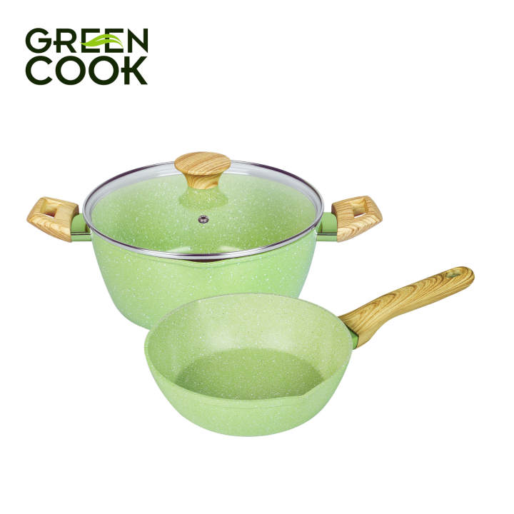 Combo nồi và chảo nhôm sâu men đá ceramic miệng rót màu xanh sử dụng được trên tất cả các loại bếp - greencook - Hình ảnh 3