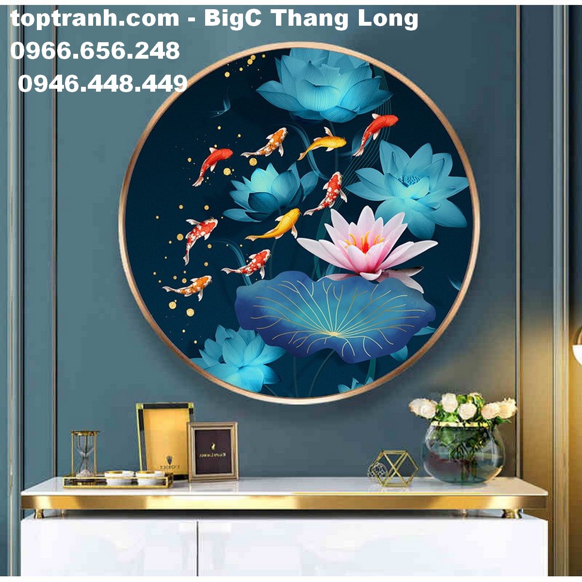 Tranh thêu chữ thập hoa sen cá chép cỡ nhỏ DX1166 chưa thêu