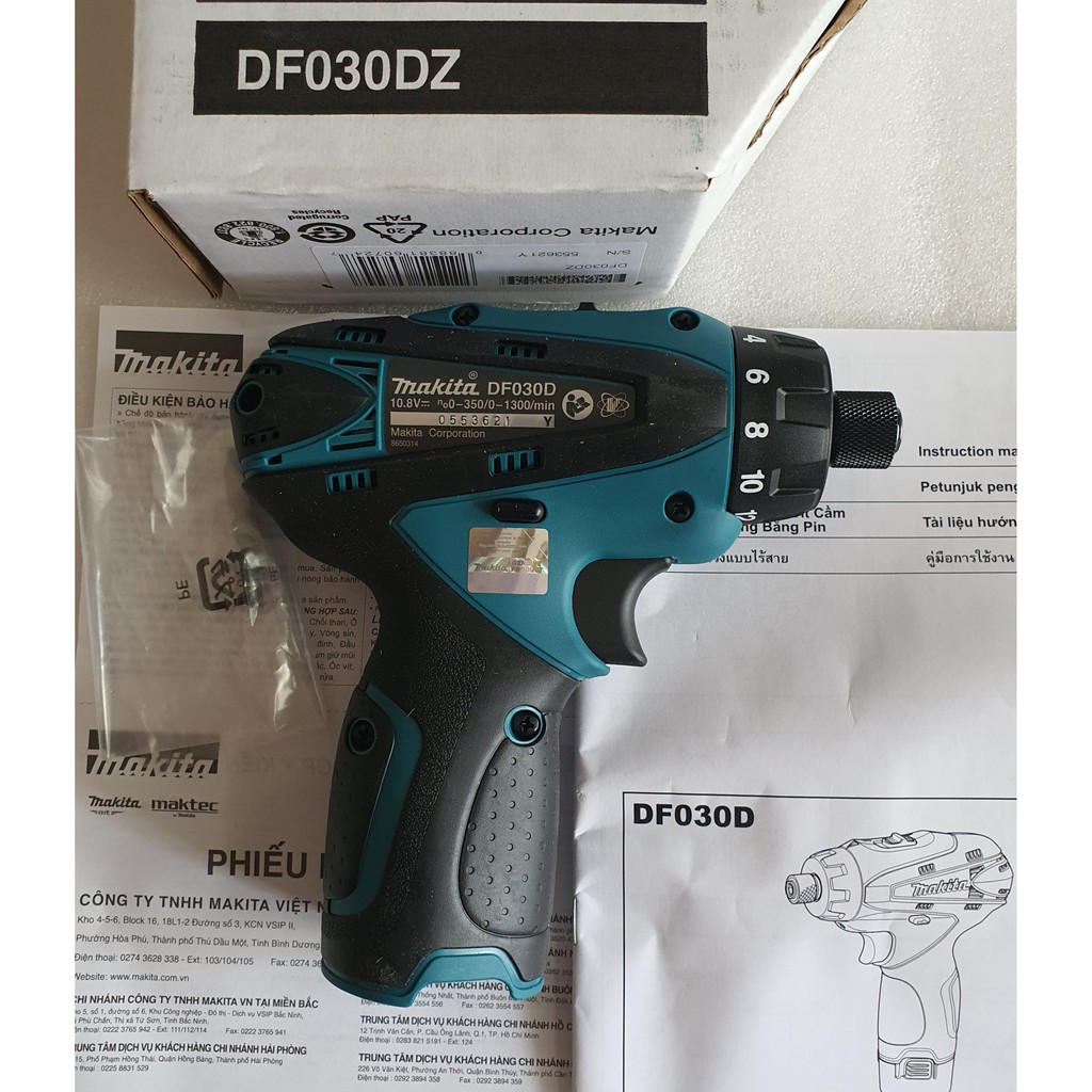 Máy khoan và vặn vít dùng pin DF030DWE Makita ( Sạc, 2 pin 1.3Ah )