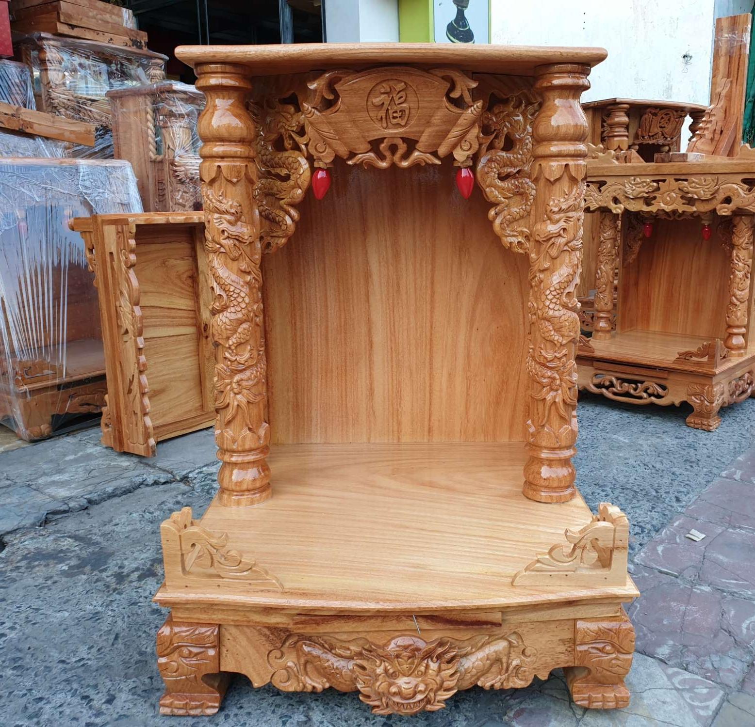 Bàn thờ thần tài ông địa gỗ gõ đỏ ngang 60 cm