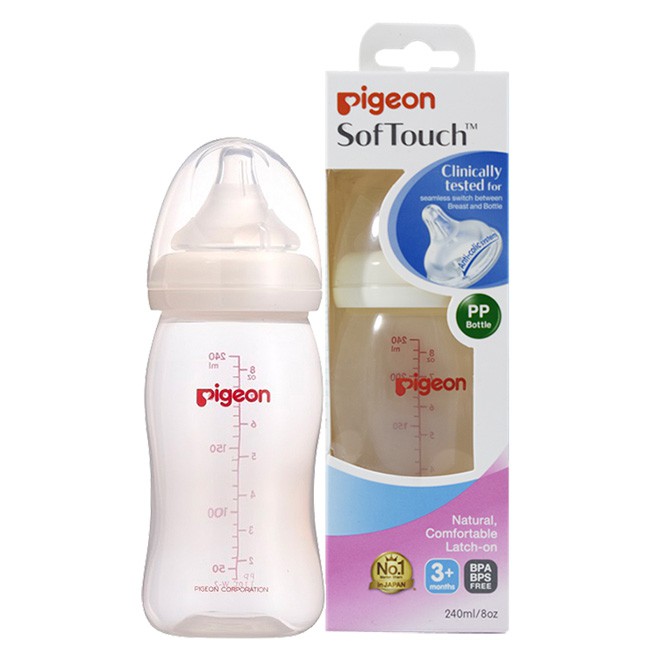 Bình sữa PP Plus Pigeon ( SOFTOUCH PERISTALTIC PLUS PP ) Tặng 01 yếm tam giác mẫu ngẫu nhiên
