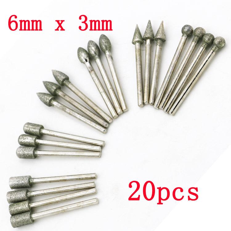 đầu mài kim cương chân 3 ly (3x6mm) 20 mũi mài ngọc mài kính