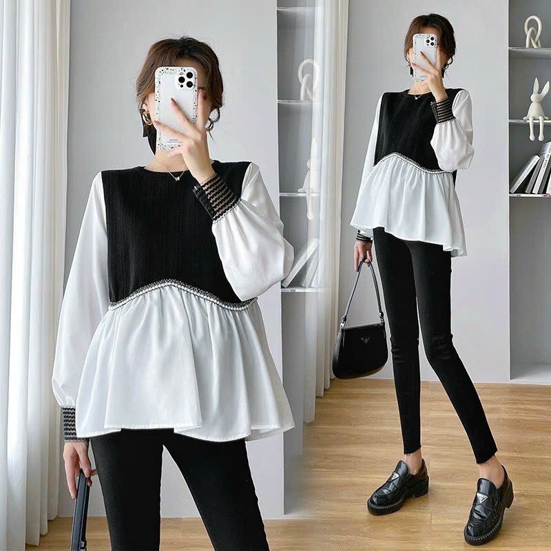 Áo bầu dài tay thu đông - thiết kế babydoll xinh xắn- áo mặc bầu rộng rãi
