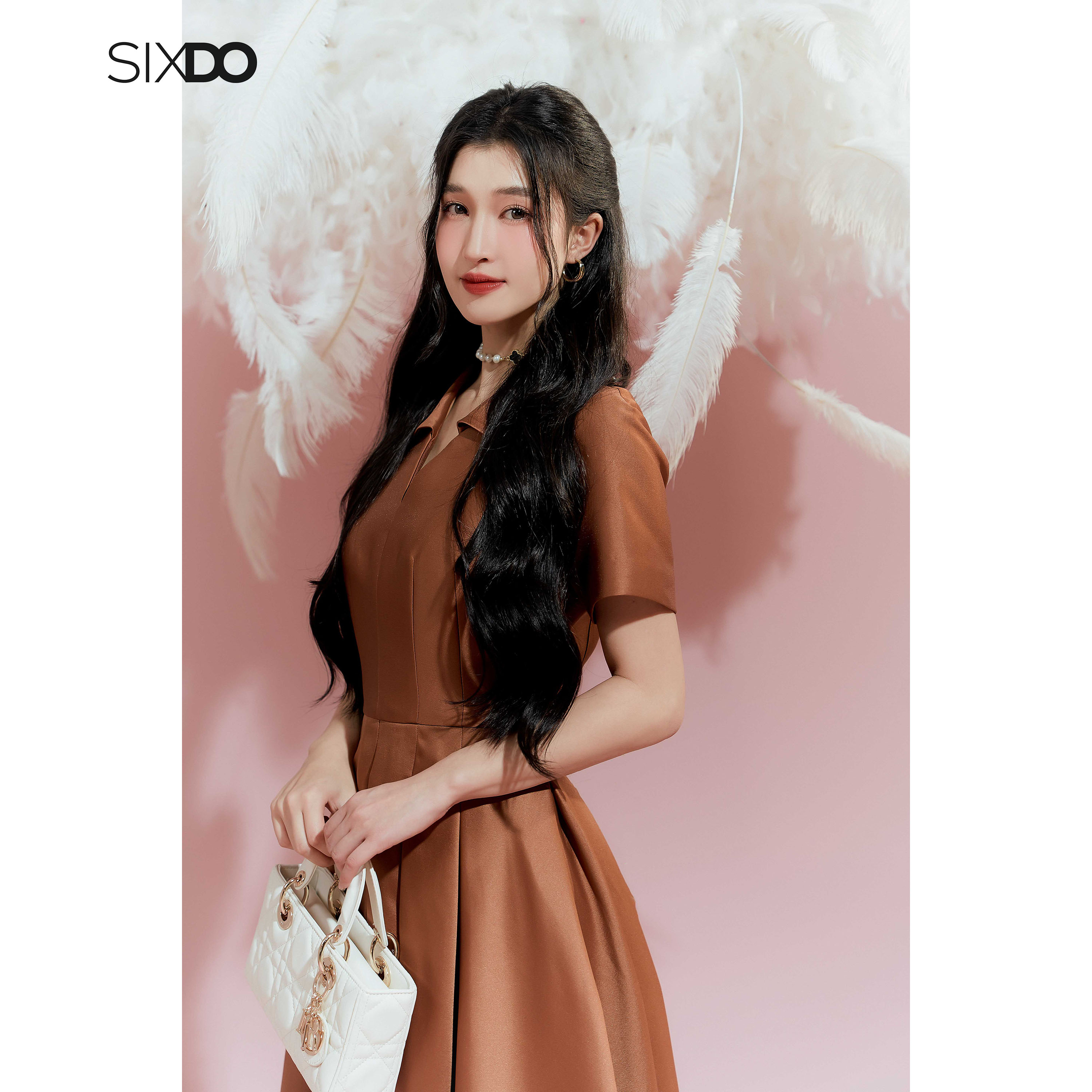 Đầm taffeta nâu xếp li SIXDO (Brown Pleated Midi Taffeta Dress)