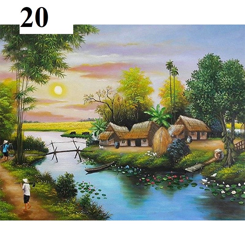 Tranh đính đá cao cấp làng quê Việt Nam 20x20 có khung hậu