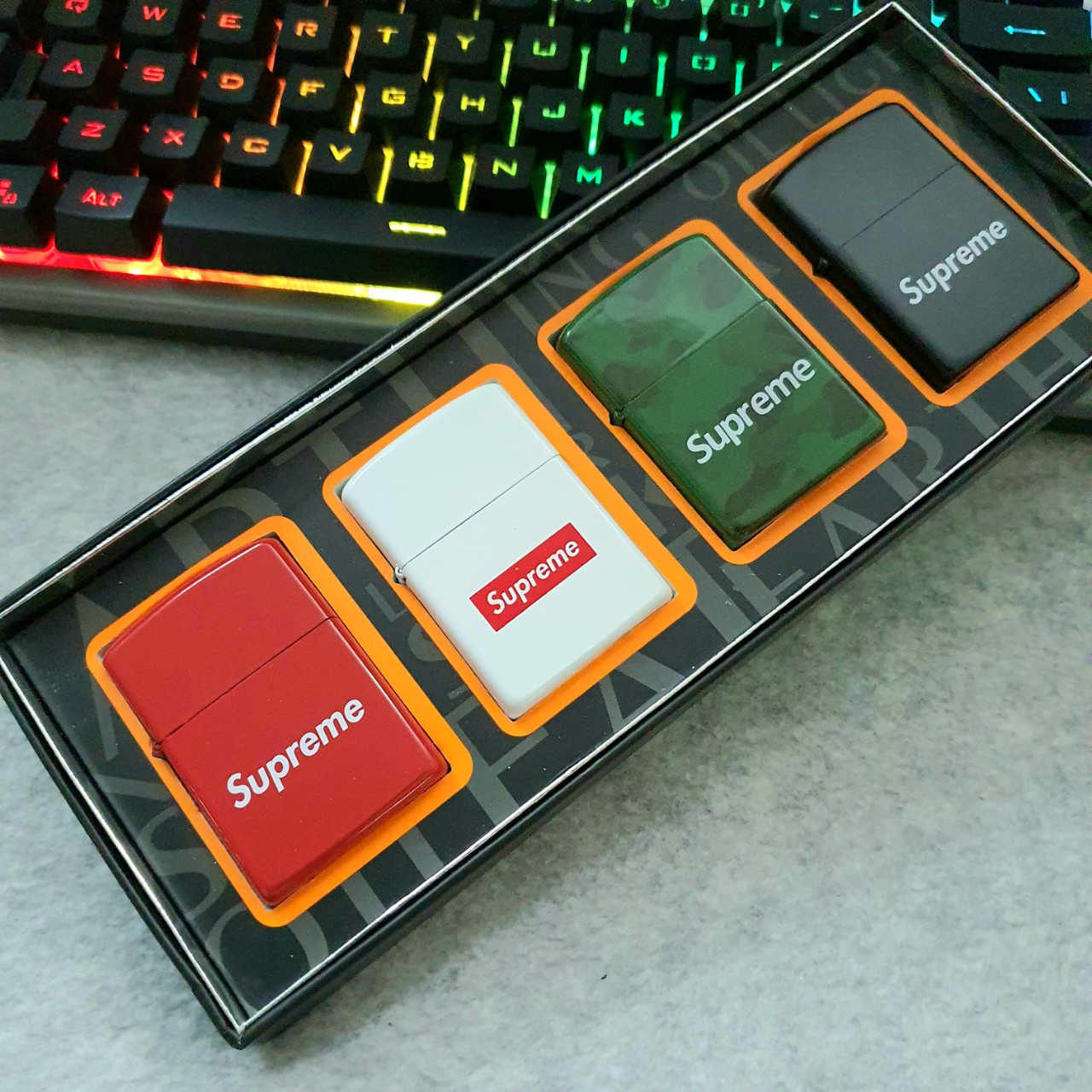 Zippo Supreme 4 PCs lighter set with logo printed electrostatic paint-petrol fuel beads