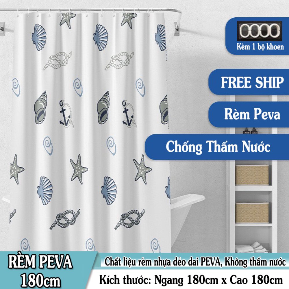 [HCM]Rèm Phòng Tắm / Rèm Cửa Sổ Xanh Họa Tiết Vỏ Sò Sao Biển 180cm X 180cm Loại 1( Cao Cấp )