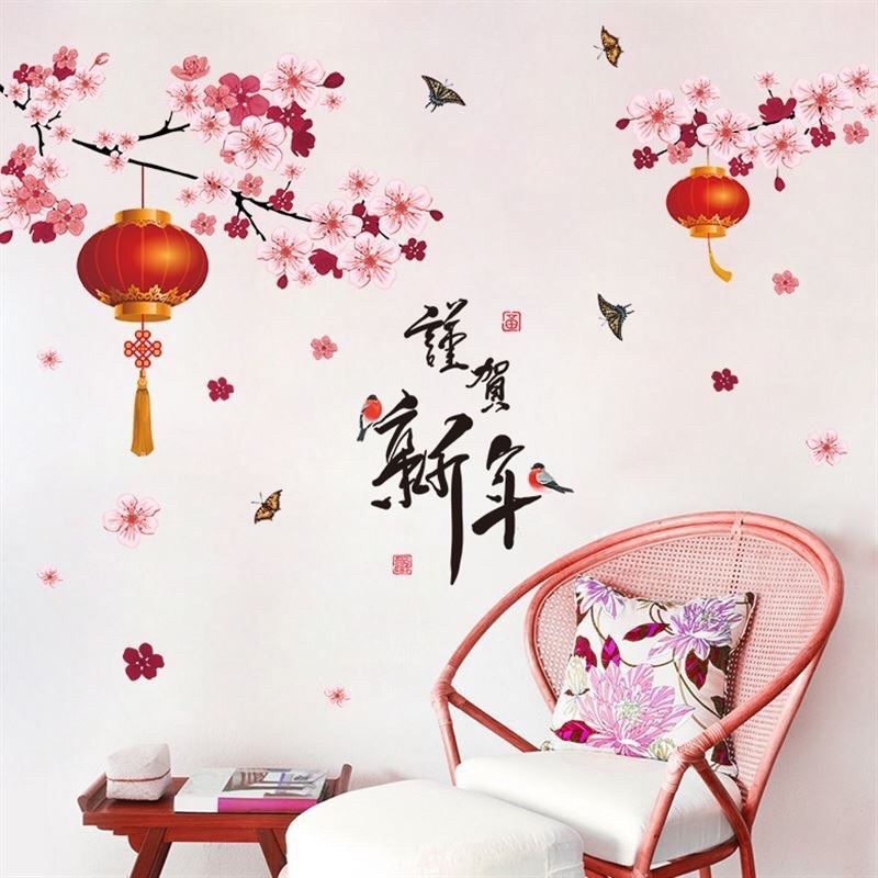 Decal dán tường, dán kính cành đào và đèn lồng