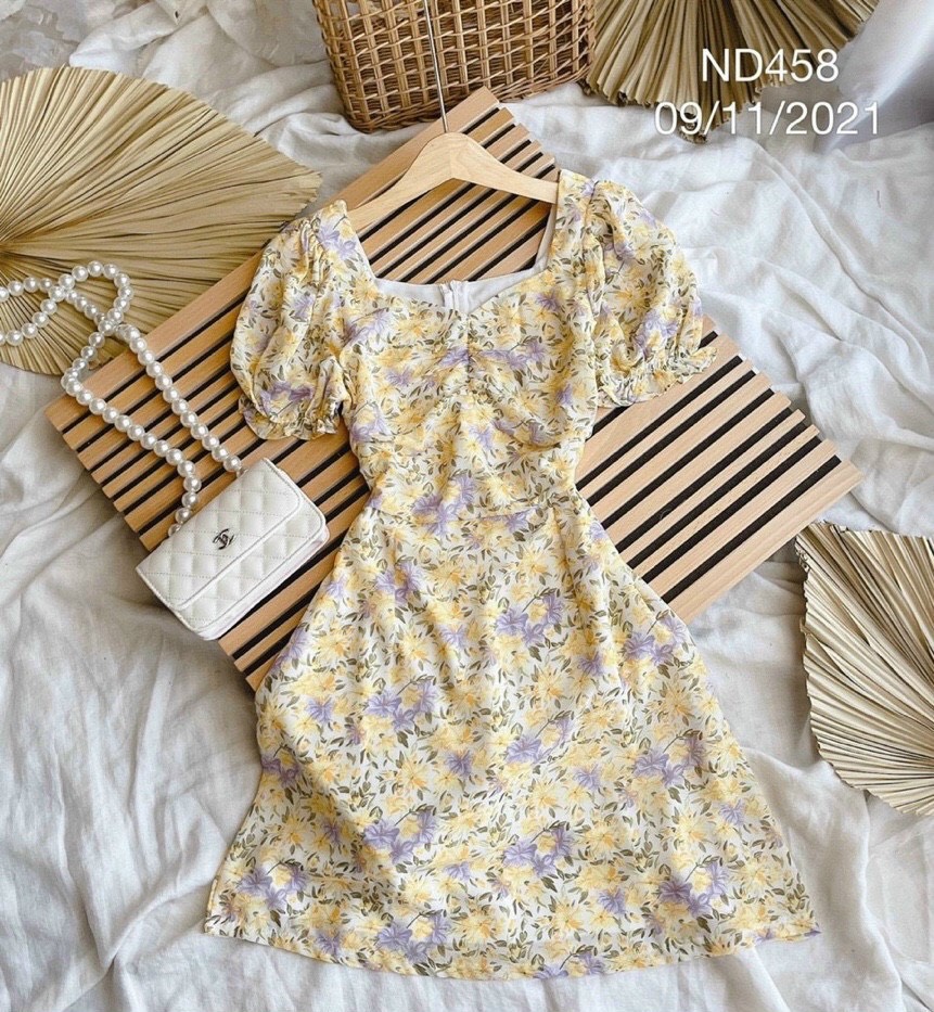 [Free Ship 2024] Váy hoa nhí - đầm body hoa nhí tay phồng cổ vuông trễ vai thiết kế đẹp dáng ngắn