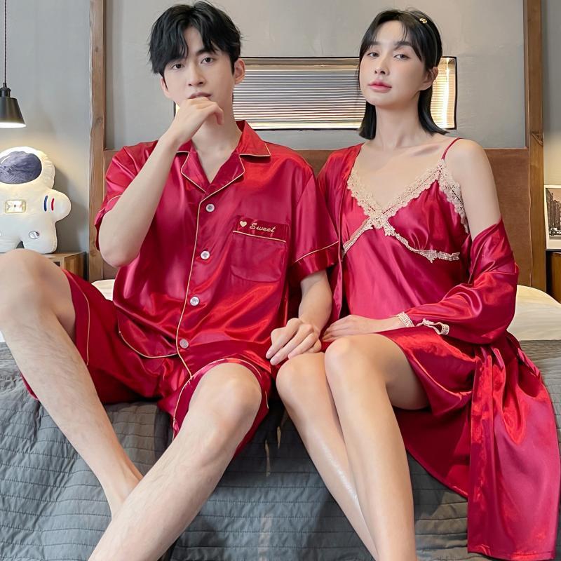 Đồ ngủ mẫu xuân thu cho nữ mới cưới màu đỏ cô dâu áo choàng buổi sáng váy dây treo bộ đồ ngủ nam chú rể mùa hè