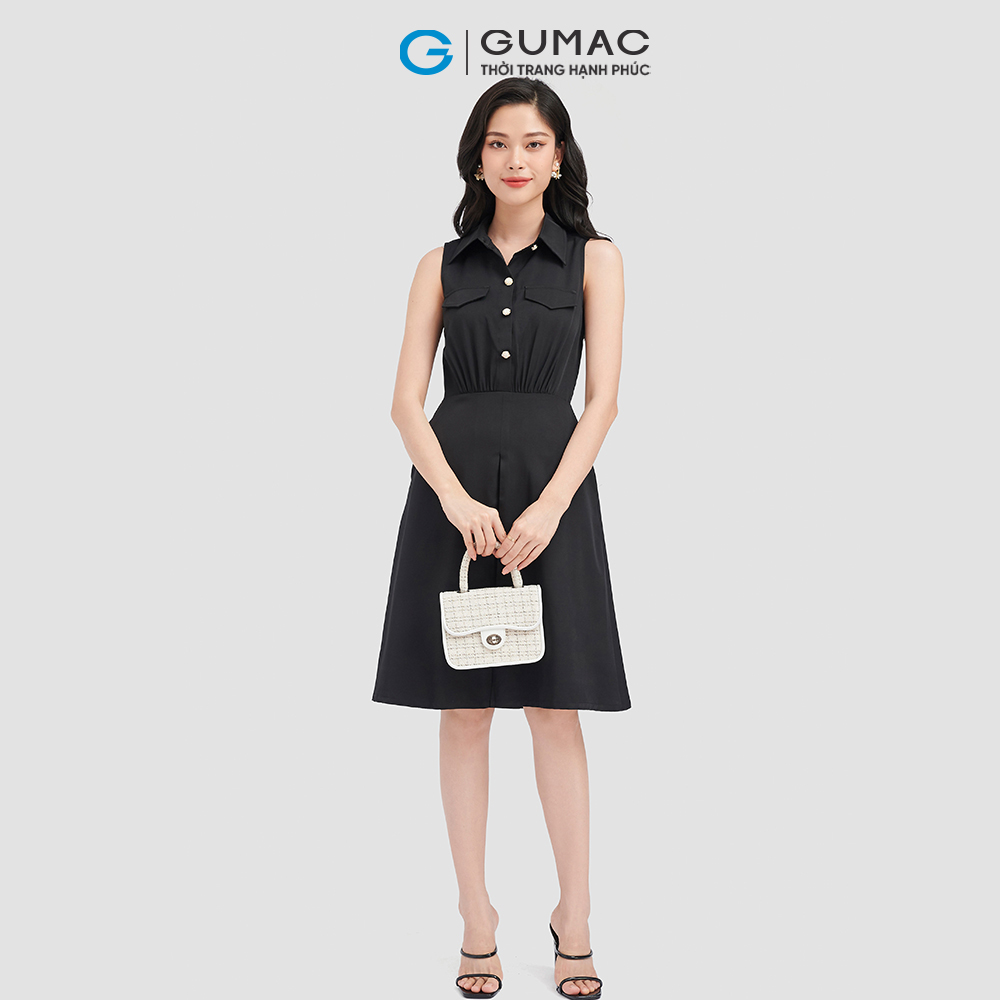Đầm sơ mi GUMAC, đầm không tay 2 nắp túi DC08097