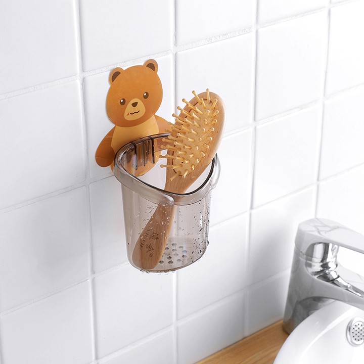 Ly cốc đựng kem đánh răng, Cốc cắm bàn chải đánh răng dán tường hình gấu dễ thương, khay để đồ dùng nhà tắm dính tường bằng nhựa, đồ dùng nhà vệ sinh, kệ dán tường nhà tắm (CG02)tuancua