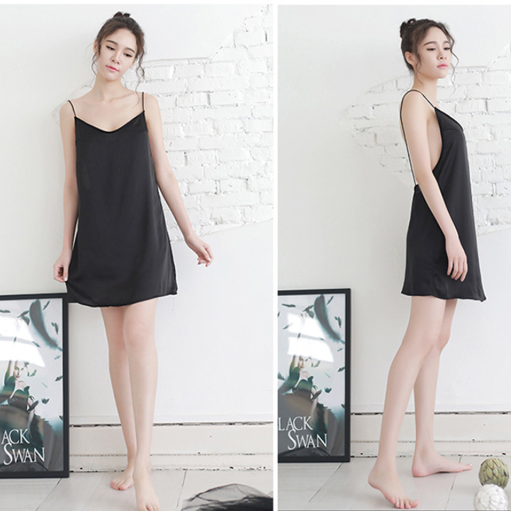 Váy ngủ lụa satin 2 dây mảnh gợi cảm - Đen