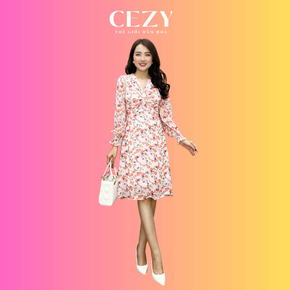 Đầm voan hoa nhí xoắn ngực tay dài dây thắt nơ eo có size bigsize cezy d56