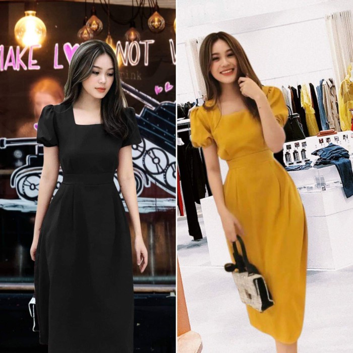 [HCM]Đầm cổ vuông tay phồng thắt nơ eo