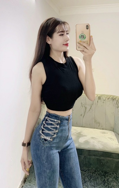 Quần bò đan dây