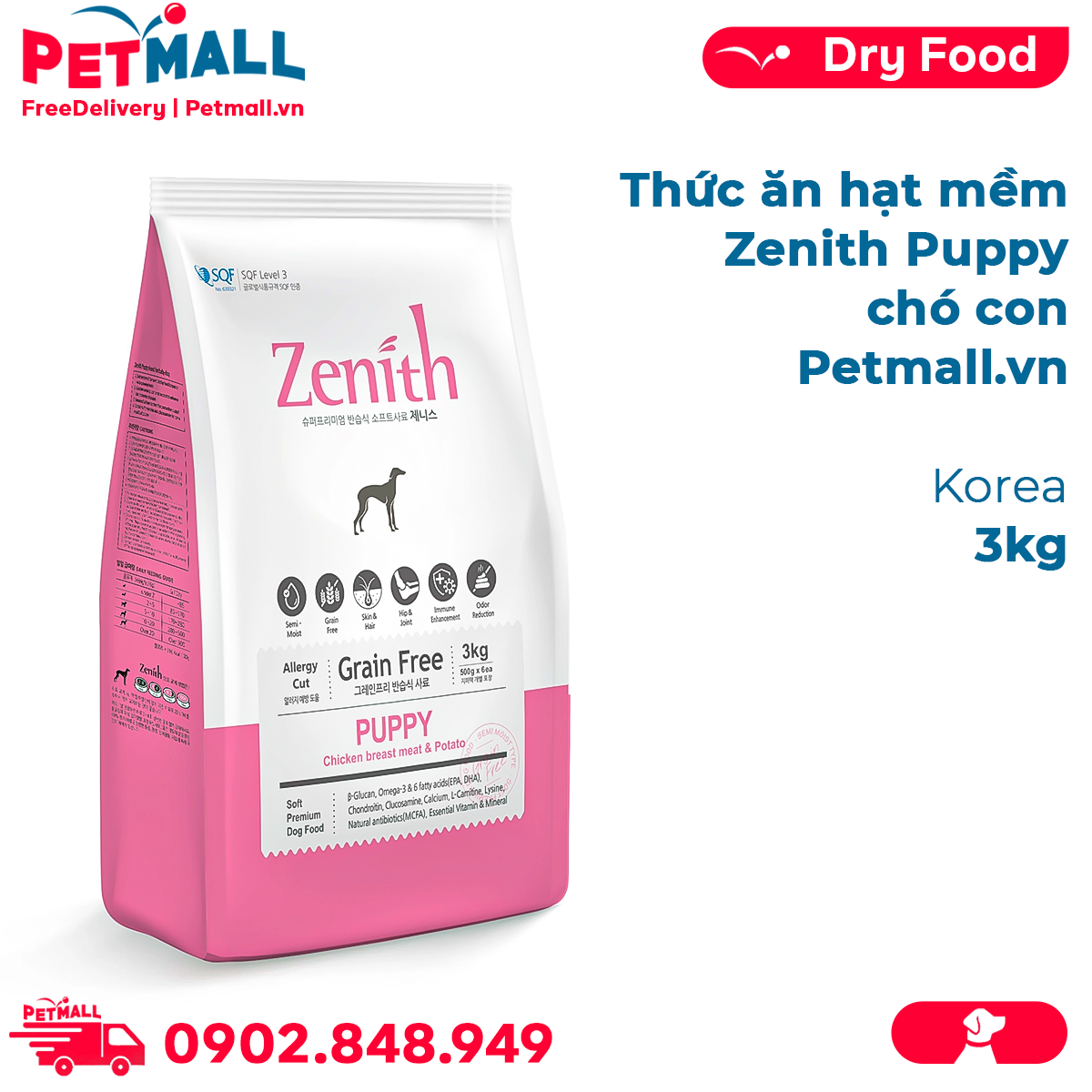 Thức ăn hạt mềm zenith chó con 3kg - korea petmall