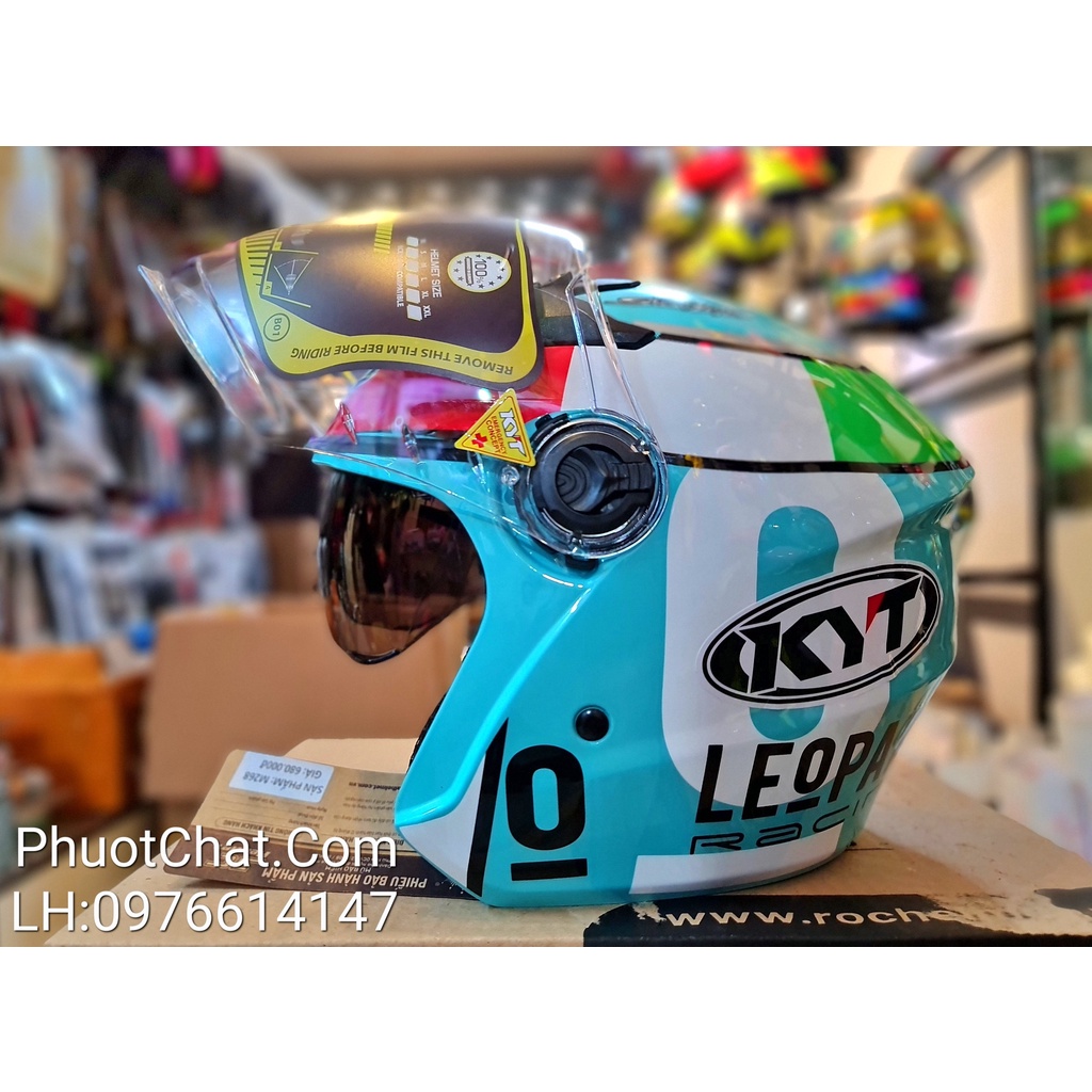 Combo nón bảo hiểm 3/4 2 kính m268 dán tem logo kyt