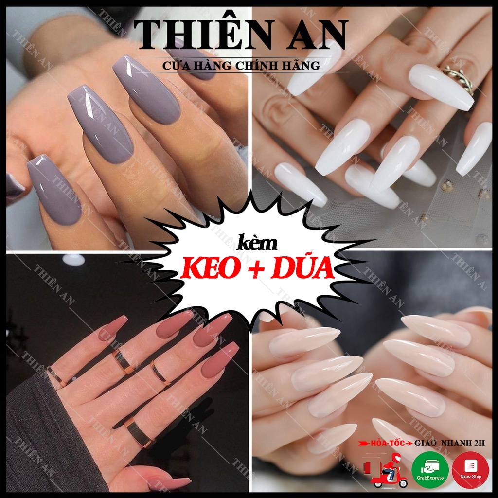 Bộ 20 móng tay phom dài màu trơn bóng sang trọng có thể sử dụng nhiều lần L31-L37