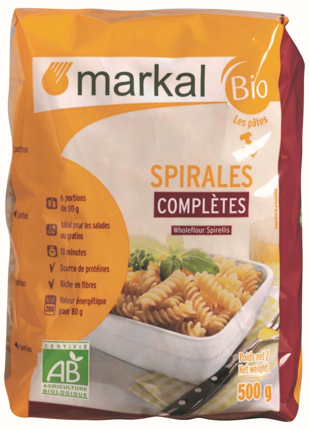 Organic whole wheat flour fusilli 500g Markal