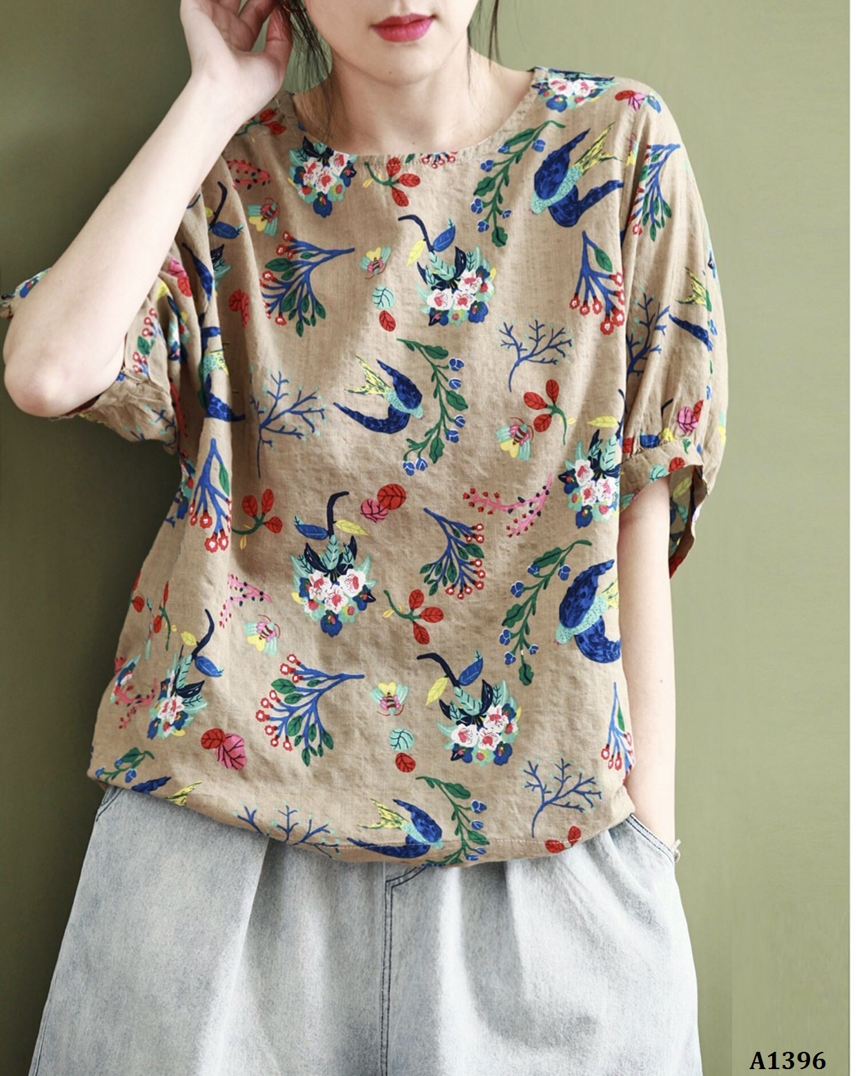 A1396-Áo Cotton hoa Tay Lỡ