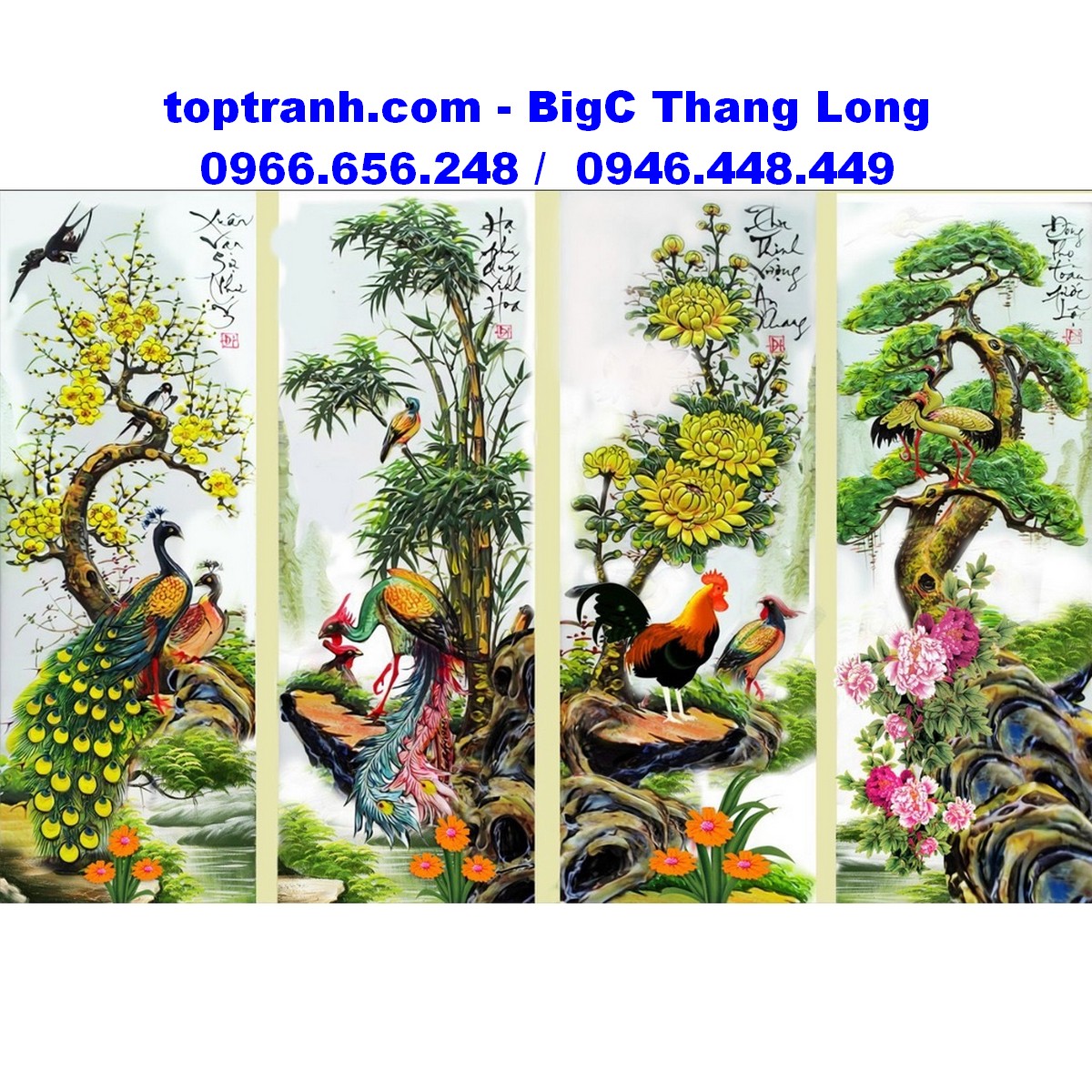 Tranh thêu chữ thập tứ quý tùng trúc cúc mai thêu kín MN0265 chưa thêu