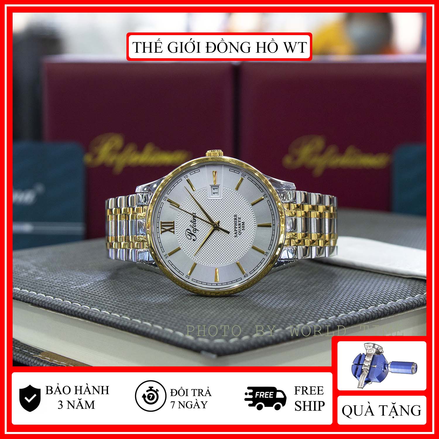 Đồng hồ nam dây thép Pafolina 5030M,full box, măt kính chống xước, kháng nước 5ATM,bảo hành 3 Năm