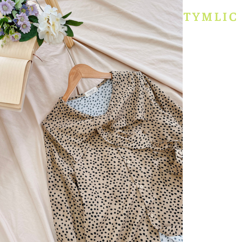 Áo Sơ Mi Tay Dài Chấm Bi Cổ Nơ Linen TYMLIC