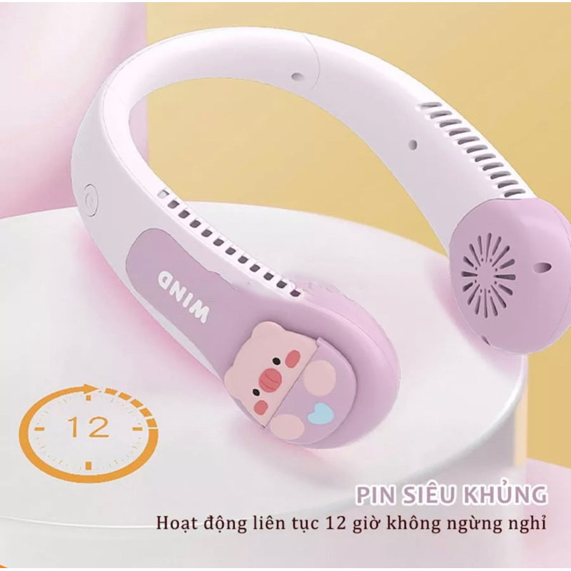 Quạt Đeo Cổ Mini Không Cánh Hình Thú 3D với 3 Cấp Độ Gió