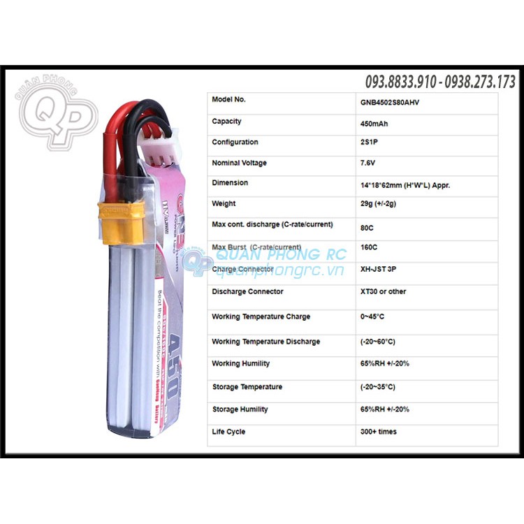Pin GNB 2S 450mAh 80C