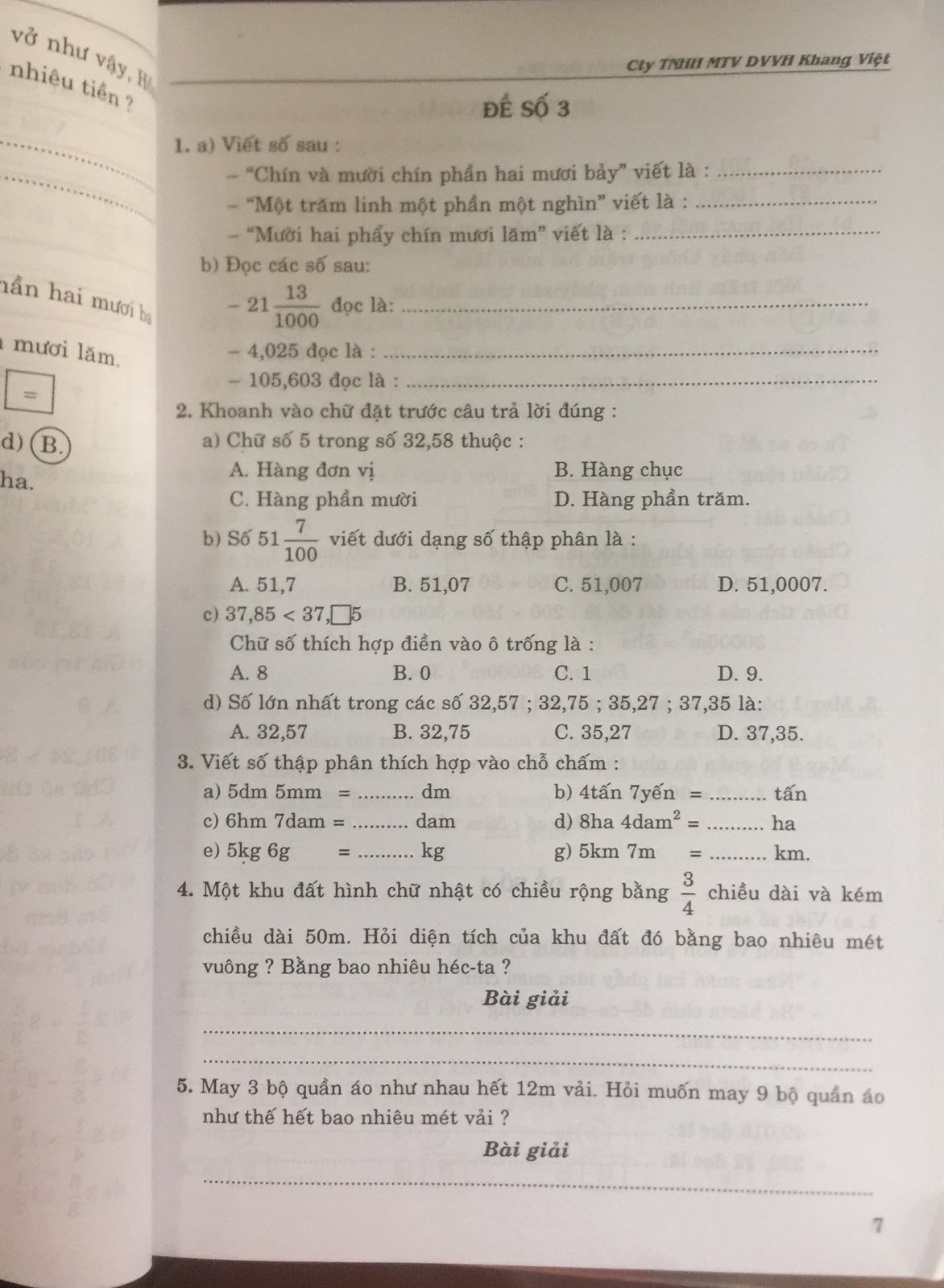 100 đề kiểm tra Toán 5