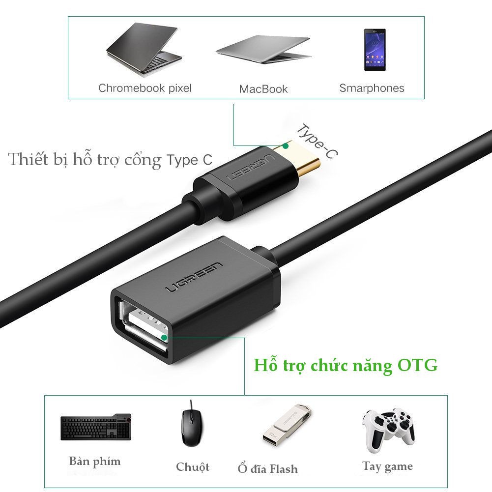 Cáp usb 3.1 Type C to OTG usb 2.0 chính hãng Ugreen 30175