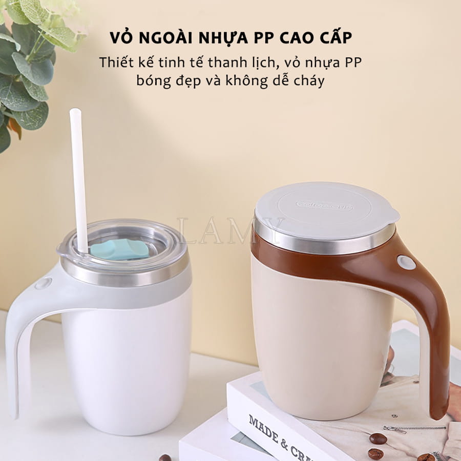 Cốc khuấy tự động pha cafe, sữa, cốc khuấy tự động 380ml dùng pin lõi inox 304 không gỉ giữ nhiệt tốt