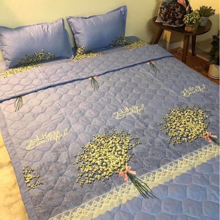 Bộ 1 Ga Chun và 2 Vỏ Gối Nằm Chất Liệu Cotton Poly - Mẫu HOA BABY