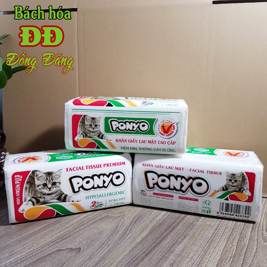Cây (20 bịch) khăn giấy rút lụa lau mặt PONYO cao cấp (250 tờ/gói) - 2 lớp