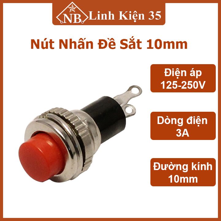 Nút nhấn đề vỏ sắt nhấn nhả, 2 chân chịu nhiệt 10mm