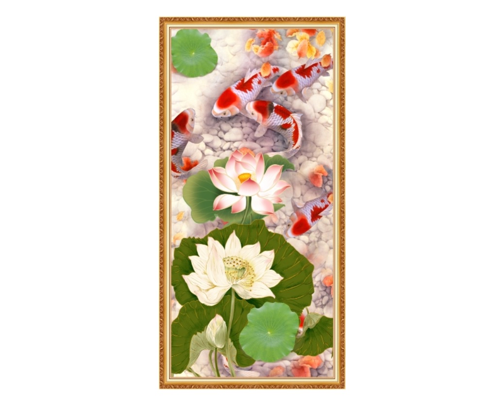 Tranh dán tường khổ dọc VTC Cá chép và hoa sen UD0265K Kim sa