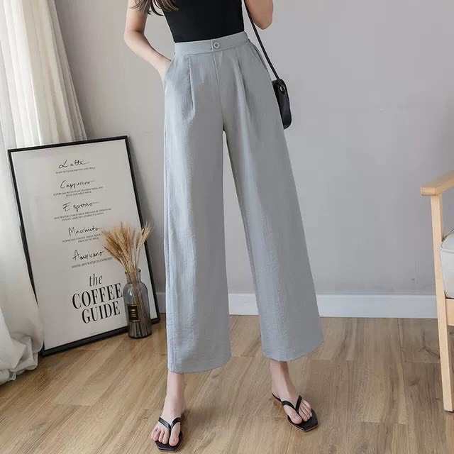 Quần ống rộng nữ lưng cao đũi xước hàn