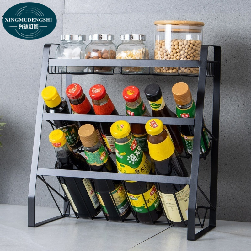 Kitchen storage rack, tabletop, iron art, multi-layer seasoning rack, multifunctional seasoning bottle, layered storage rack solid Metal