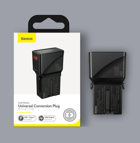 Củ sạc du lịch Baseus Youth Edition Universal Conversion Plug sạc nhanh 18W 1 cổng USB + 1 cổng Type-C với các chân cắm tiêu chuẩn quốc tế