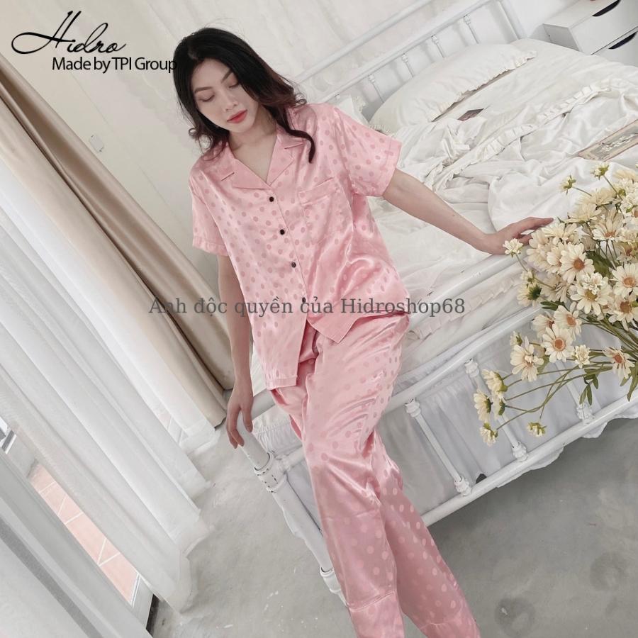 Đồ ngủ pijama lụa gấm chấm bi cộc dài