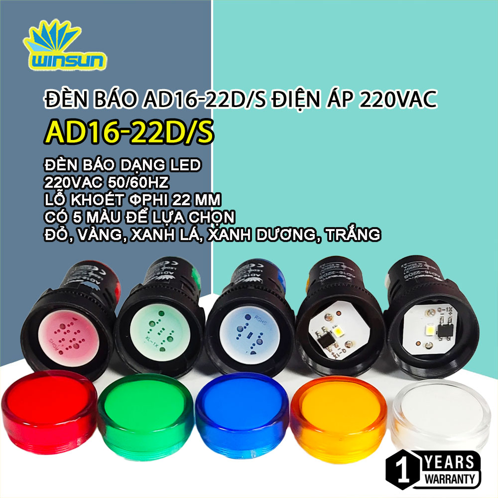 Đèn báo pha phi 22, báo nguồn phi 220V - AD16 5 Màu Winsun