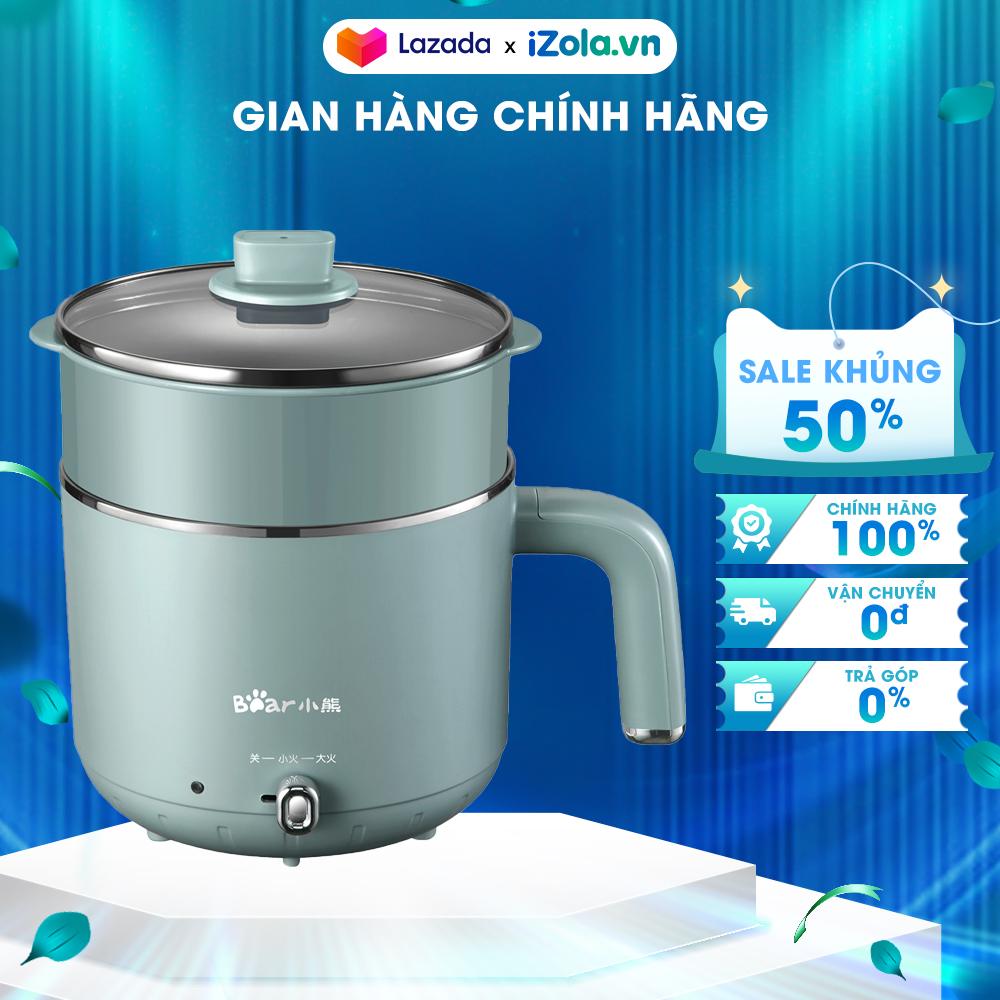 Nồi lẩu điện đa năng bear drg-d12m5 1.2 lít - có xửng hấp - vỏ 3 lớp cách nhiệt chống bỏng - nấu lẩu, chiên xào, hấp