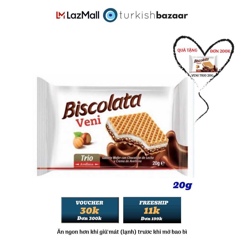 Bánh xốp Biscolata Veni Trio nhân sữa và kem hạt phỉ